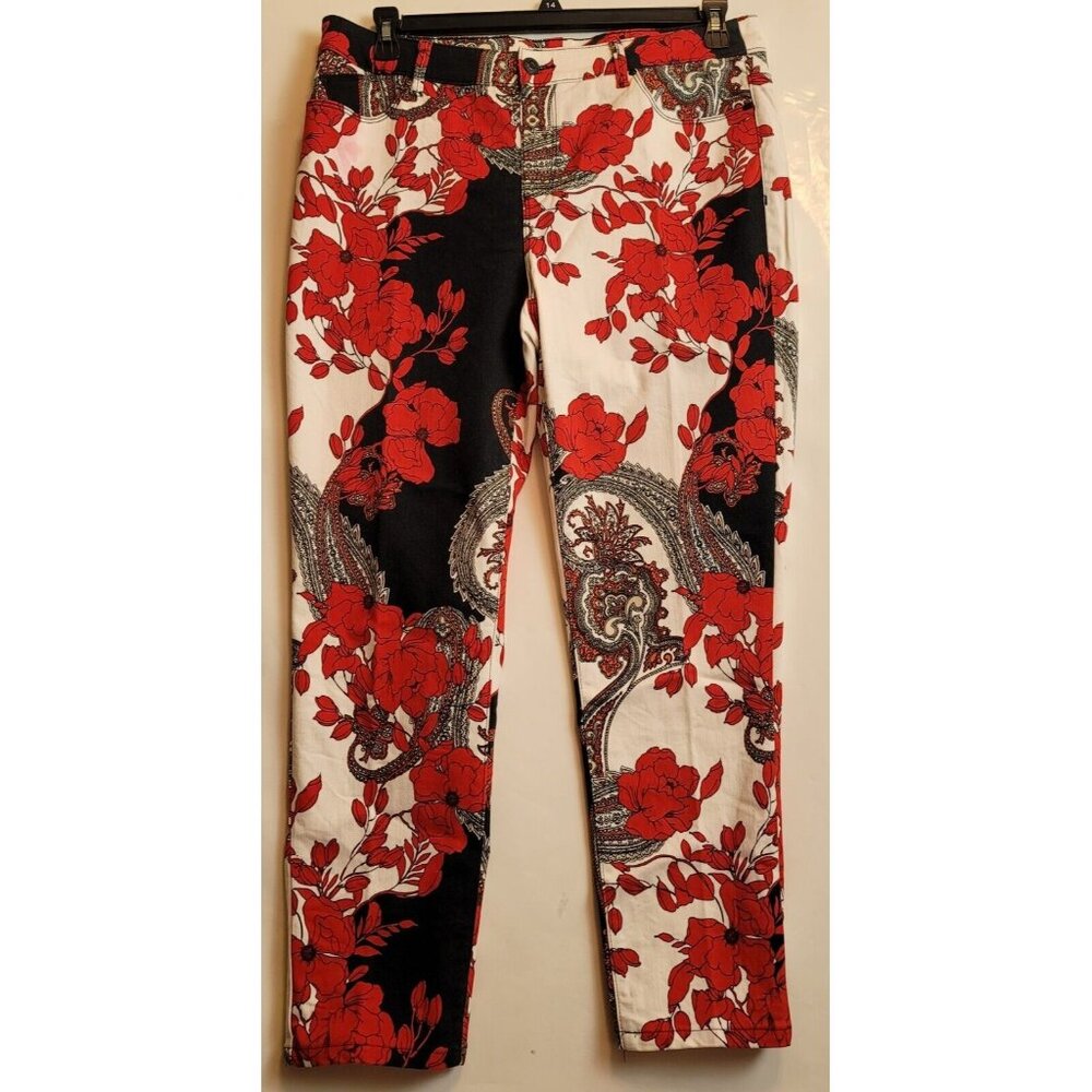 Chicos Platinum Jeggings Jeans SzL Red Flowers Paisley Black Design Stretc READ